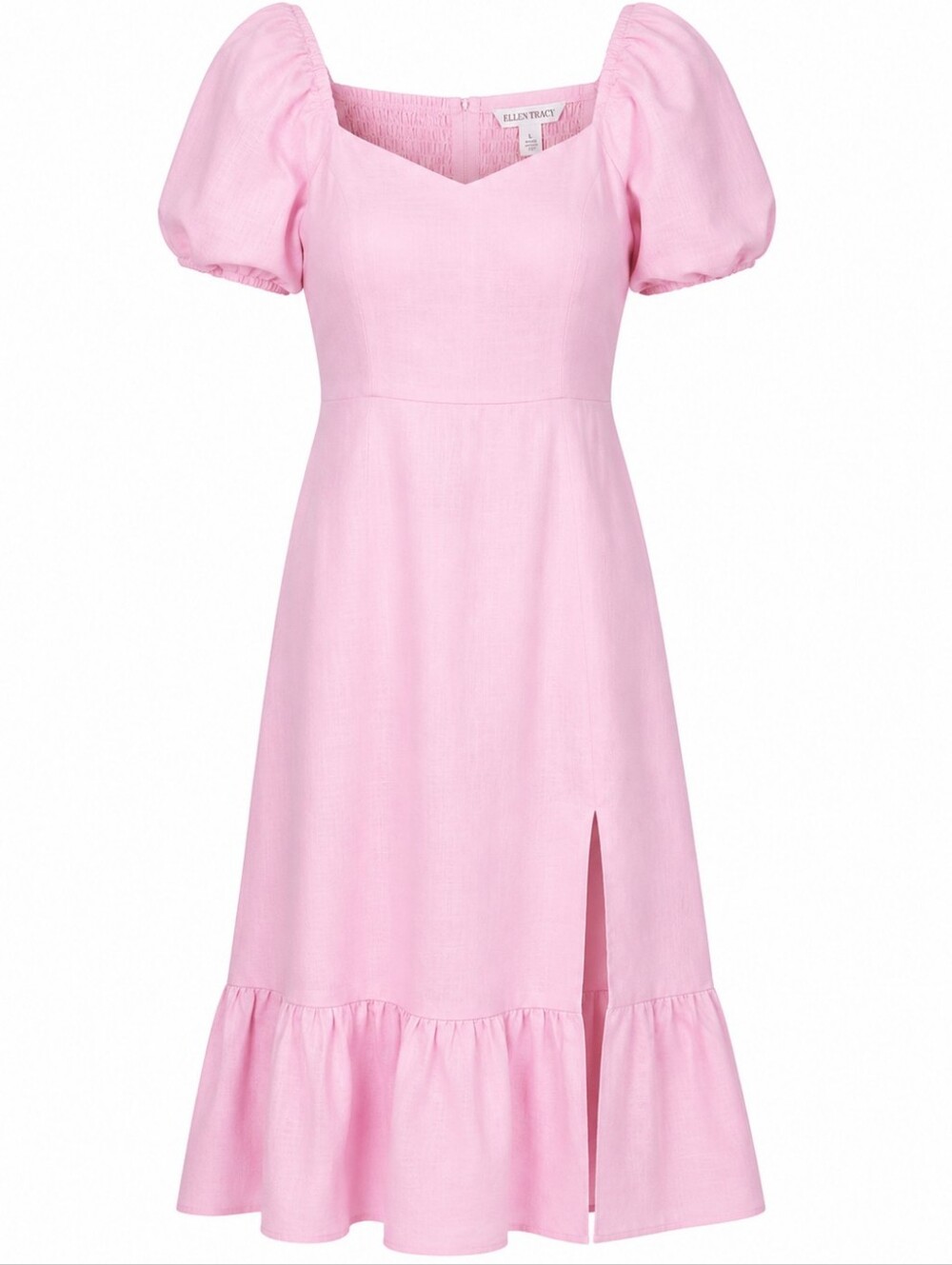 ELLEN TRACY | Pink‎ Puff Balloon Sleeves Sweetheart Neck Linen Blend Dress | L